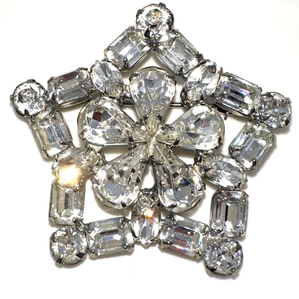 Weiss 1950s vintage silver tone clear large glass rhinestones star brooch